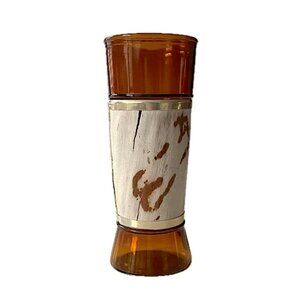 VTG Siesta Ware Tumbler Amber Glass w Walnut Wood Veneer Wrap Jacket